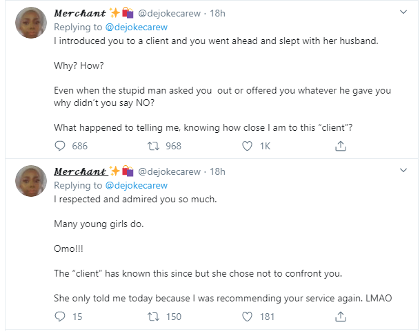 Twitter user calls out vendor who slept with husband of client she introduced her to