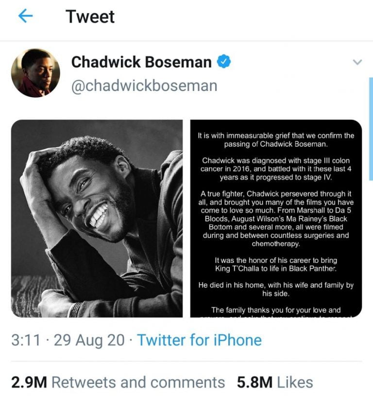 Black Panther Star, Chadwick Boseman’s Final Tweet Becomes Most Liked Post In Twitter History